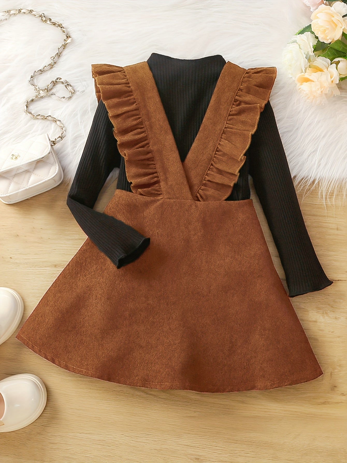 Girl's Preppy Style 2pcs Ribbed Top & Corduroy Overall Skirt Set