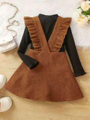 Girl's Preppy Style 2pcs Ribbed Top & Corduroy Overall Skirt Set
