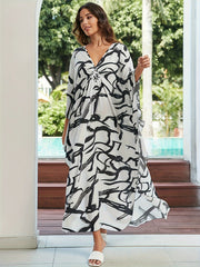 Graffiti Print Batwing Sleeve Maxi Beach Kaftan Dress