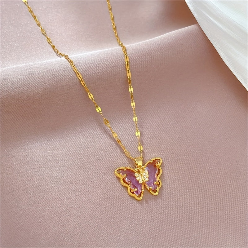 Purple CZ Butterfly Necklace for Girls