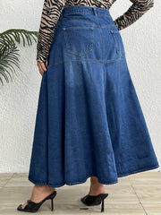 High Rise Maxi Denim Skirt Button Up Washed Casual Women's Plus