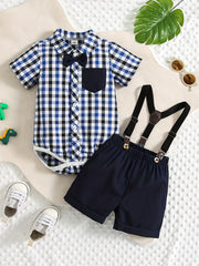 2pcs Baby Boys Plaid Shirt Onesie & Suspender Shorts Gentleman Outfit