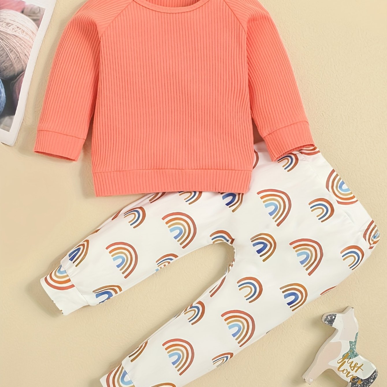 Baby Girl's Ribbed Top & Rainbow Print Pants Set