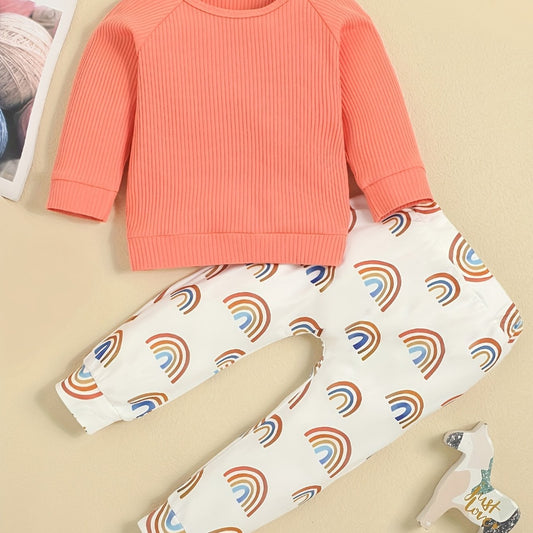 Baby Girl's Ribbed Top & Rainbow Print Pants Set