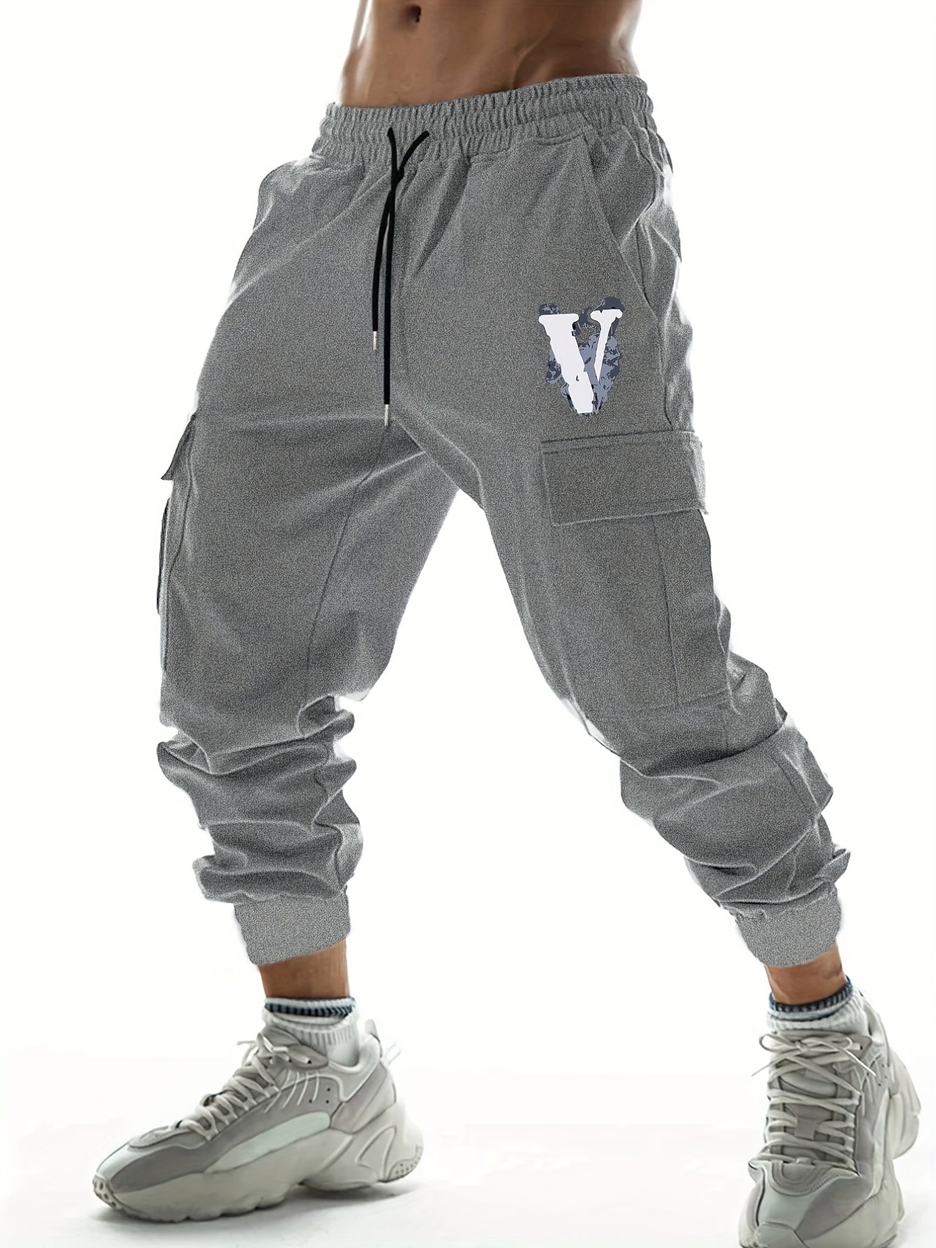 V Letter Print Casual Cargo Pants Men's Joggers for Spring