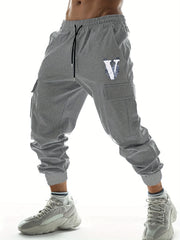 V Letter Print Casual Cargo Pants Men's Joggers for Spring