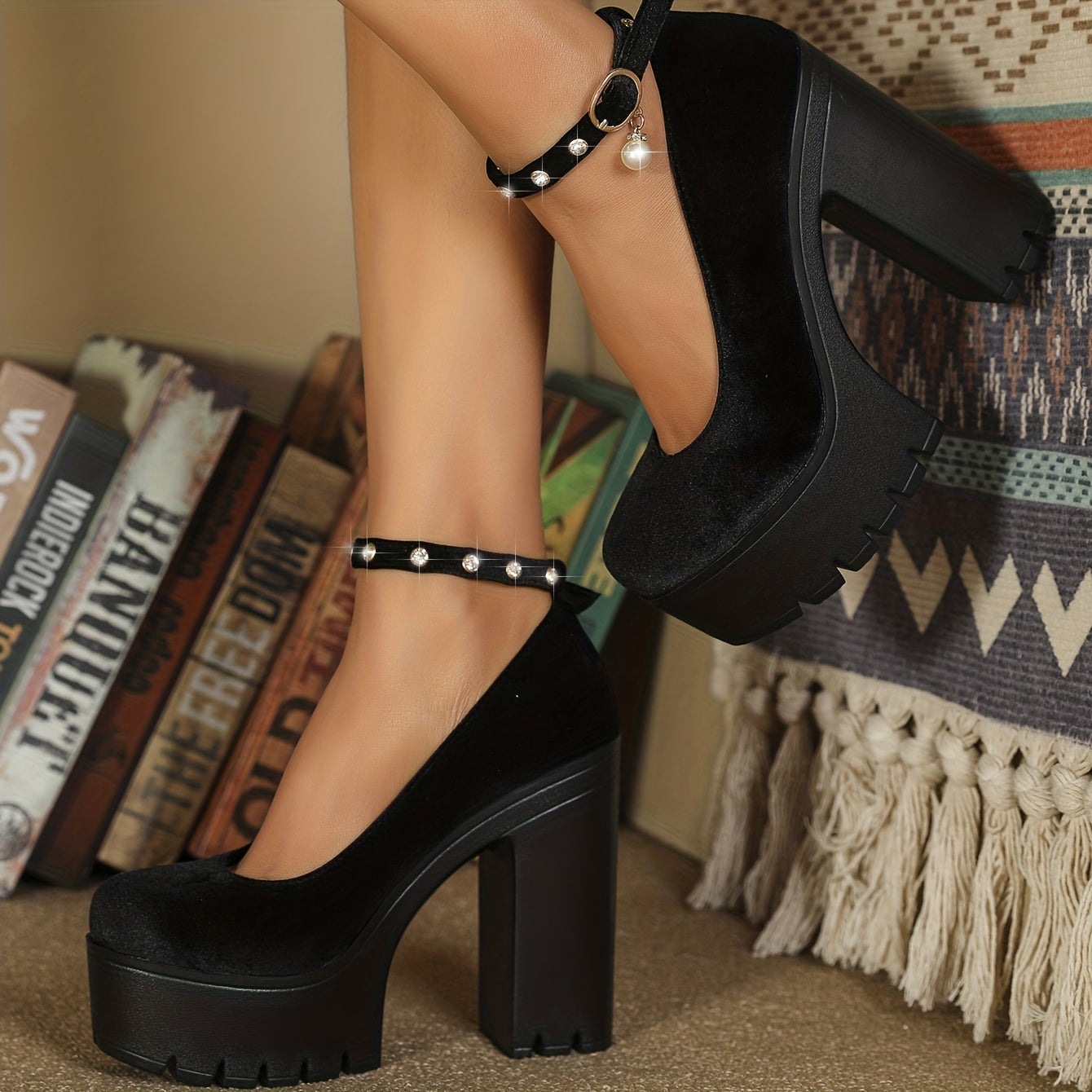 Rhinestone Strap Block Heels Buckle Platform Pumps