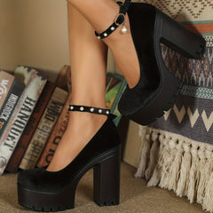 Rhinestone Strap Block Heels Buckle Platform Pumps