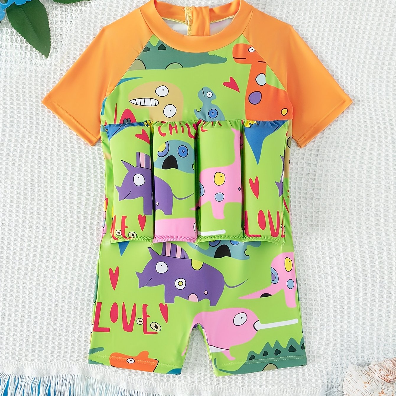 Baby Boys Cartoon Graphic Print Short Sleeve Swimsuit With Adjustable Buoyancy