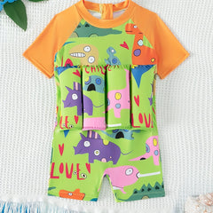 Baby Boys Cartoon Graphic Print Short Sleeve Swimsuit With Adjustable Buoyancy