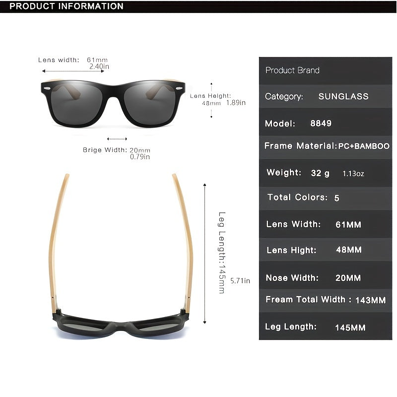 Square Polarized Sunglasses With Wood Frame Retro Glasses