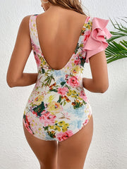 Floral Print V Neck Ruffle Trim One Piece Swimsuit