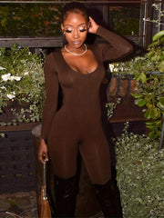 Solid U Neck Jumpsuit Long Sleeve Bodycon Workout Jumpsuit