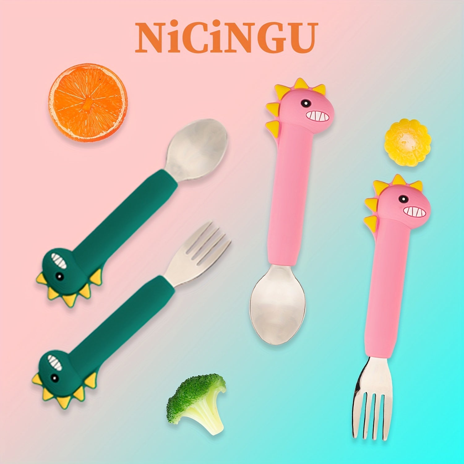Dino Toddler Silverware Silicone Handle Safe Flatware Stainless Steel Cutlery