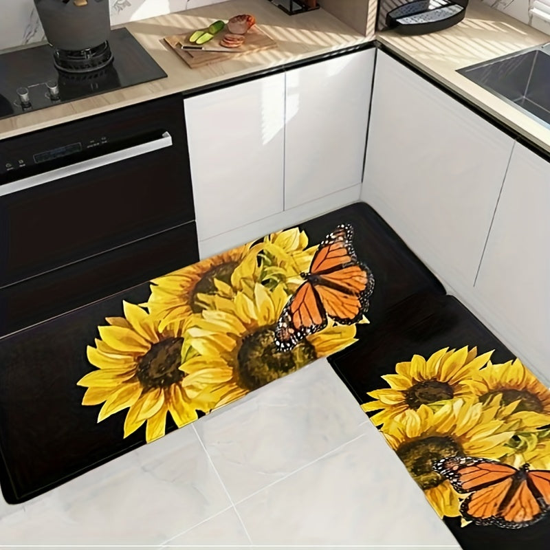 Sunflower 3D Printed Kitchen Rugs Vintage Flannel Absorbent Non Slip
