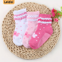 3 Pairs Girls Pink Flower Dot Lace Crew Socks Toddlers Non-Slip Floor Socks