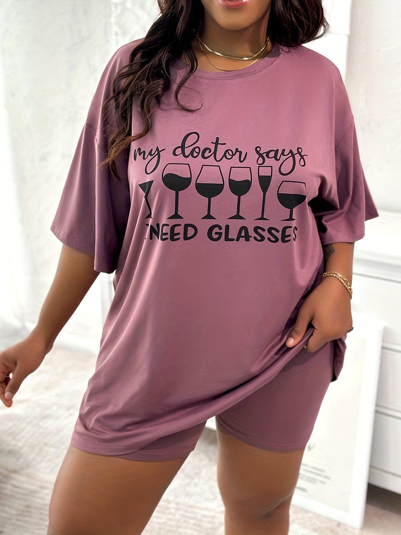 Women's Plus Size Wine Glasses Print Tee & Shorts Pajama Set