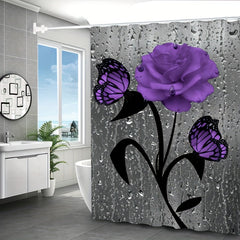 Waterproof Purple Rose and Butterfly Shower Curtain