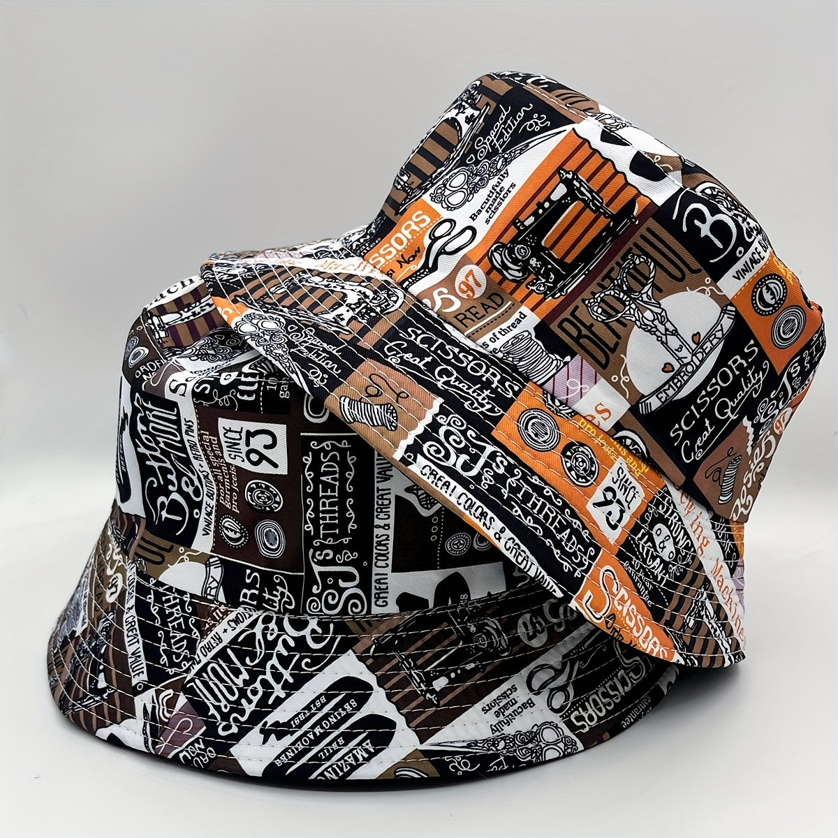 Letter Graffiti Print Bucket Hat Vintage Reversible Sunscreen Fisherman Cap