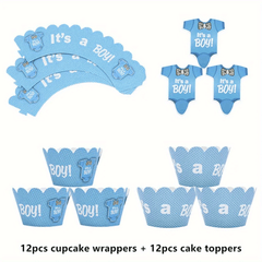 24pcs Baby Shower Cupcake Wrapper & Topper Set Gender Reveal Kids Birthdays