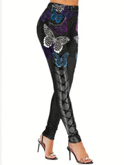 Butterfly & Denim Print Skinny Leggings Women's Casual Leggings C