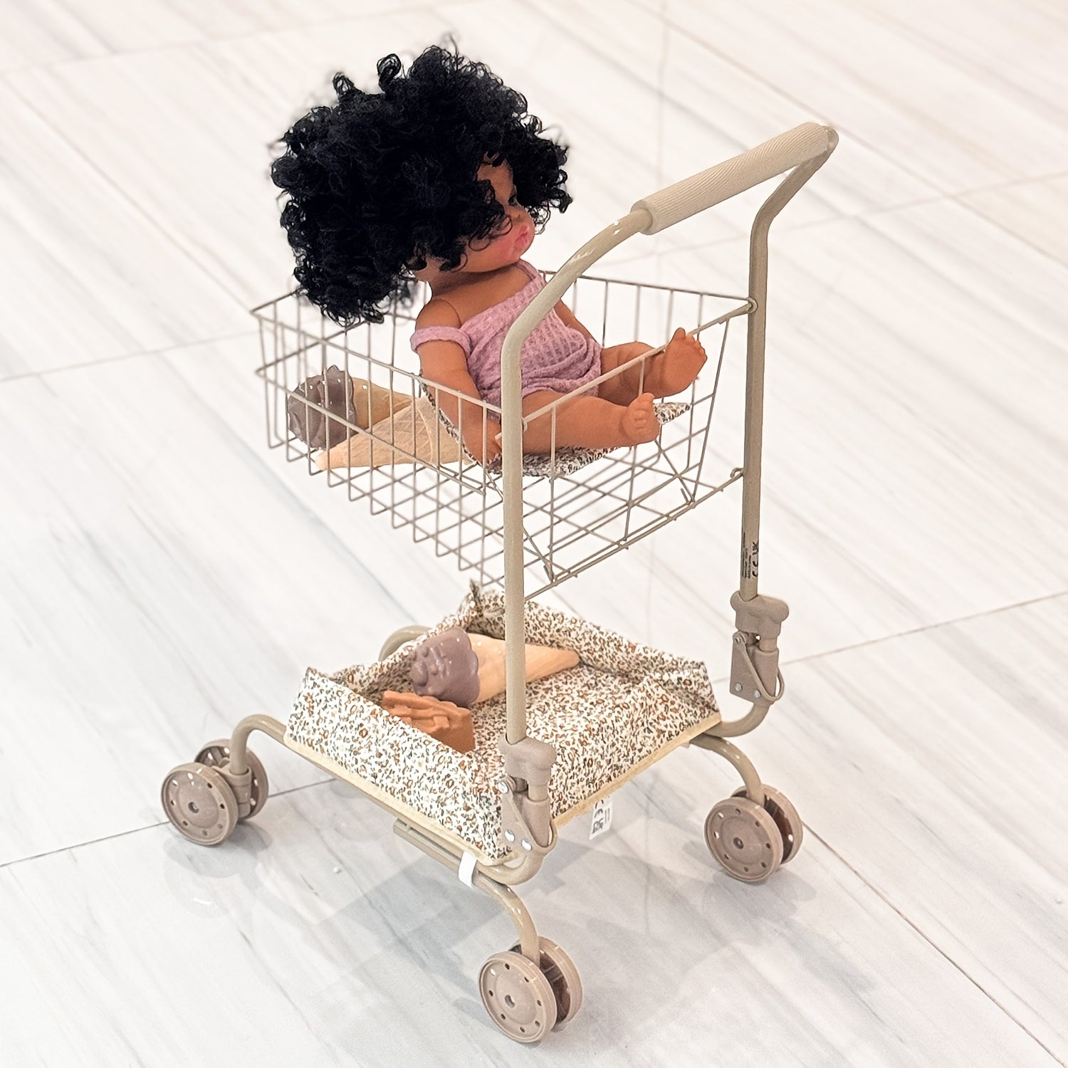 Floral Shopping Cart Toy with Storage Bags Foldable Dollhouse Grocery Cart