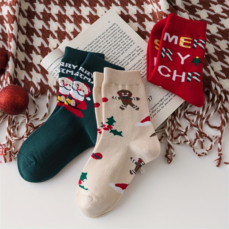 5Pairs Kids Christmas Crew Socks Cotton Blend Cartoon Snowman Design
