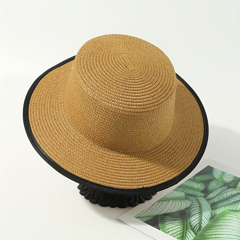 Vintage Straw Fedora Cap Solid Jazz Sun Hat Breathable Beach Hats