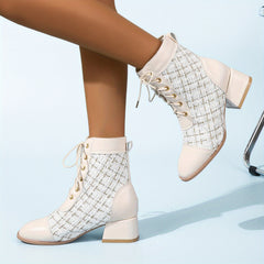 Plaid Chunky Heel Combat Boots Lace Up Square Toe Comfort Dress Boots