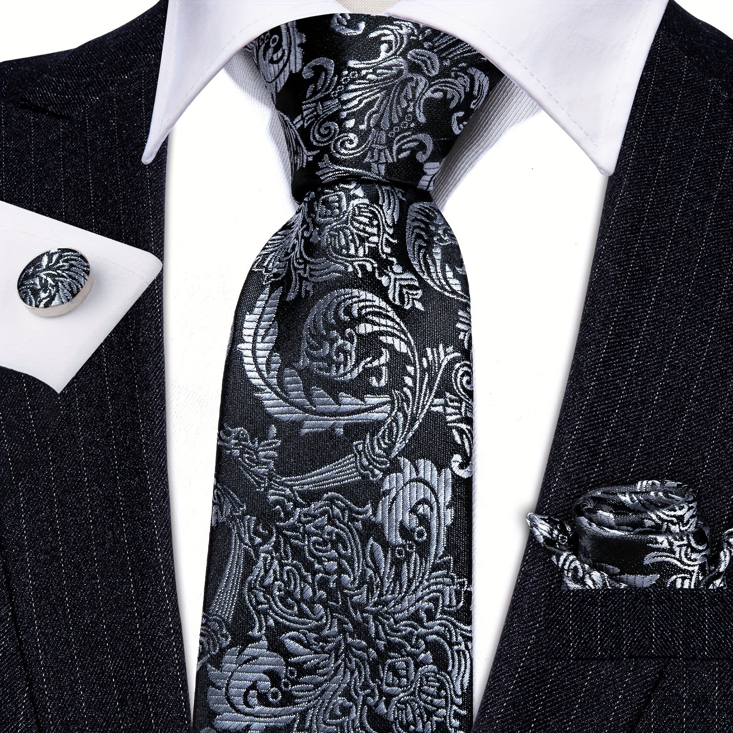 Barry Wang Black&White Floral Paisley Necktie Set