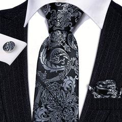 Barry Wang Black&White Floral Paisley Necktie Set