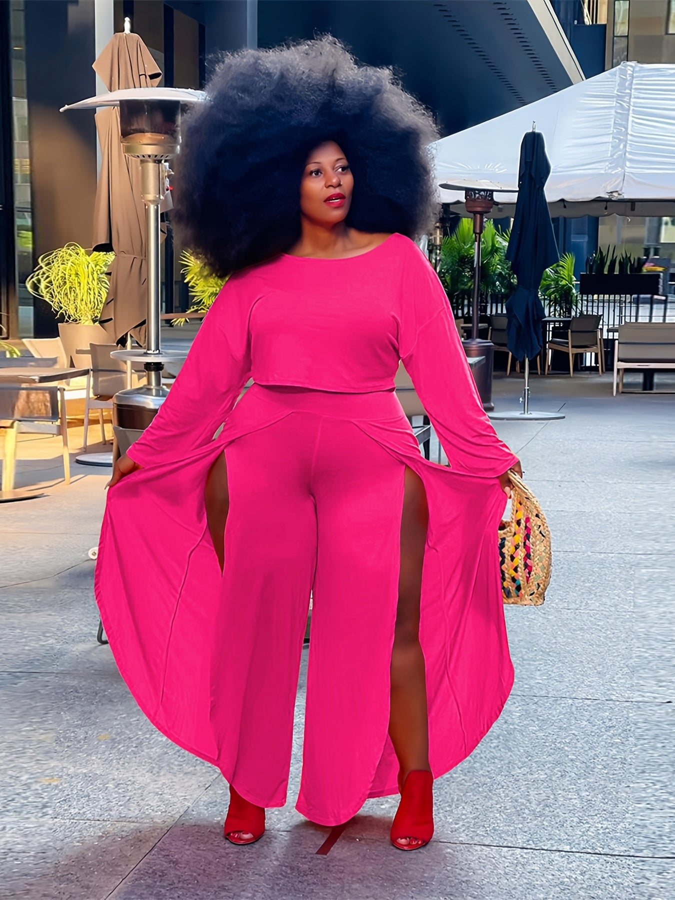 One Shoulder Top & Wide Leg Pants Set Women's Casual Outfit