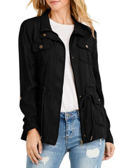 Casual Pockets Jacket Lapel Long Sleeve Loose Waist Drawstring Outerwear