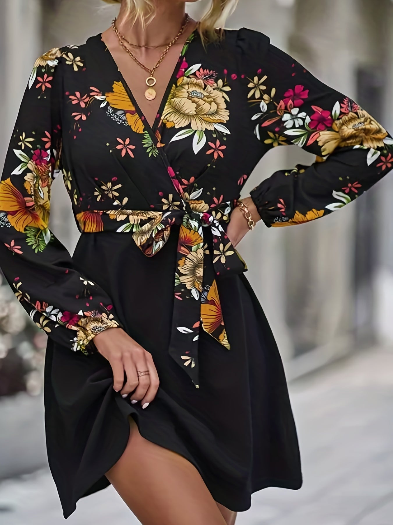 Vintage Floral Print Dress Casual Long Sleeve