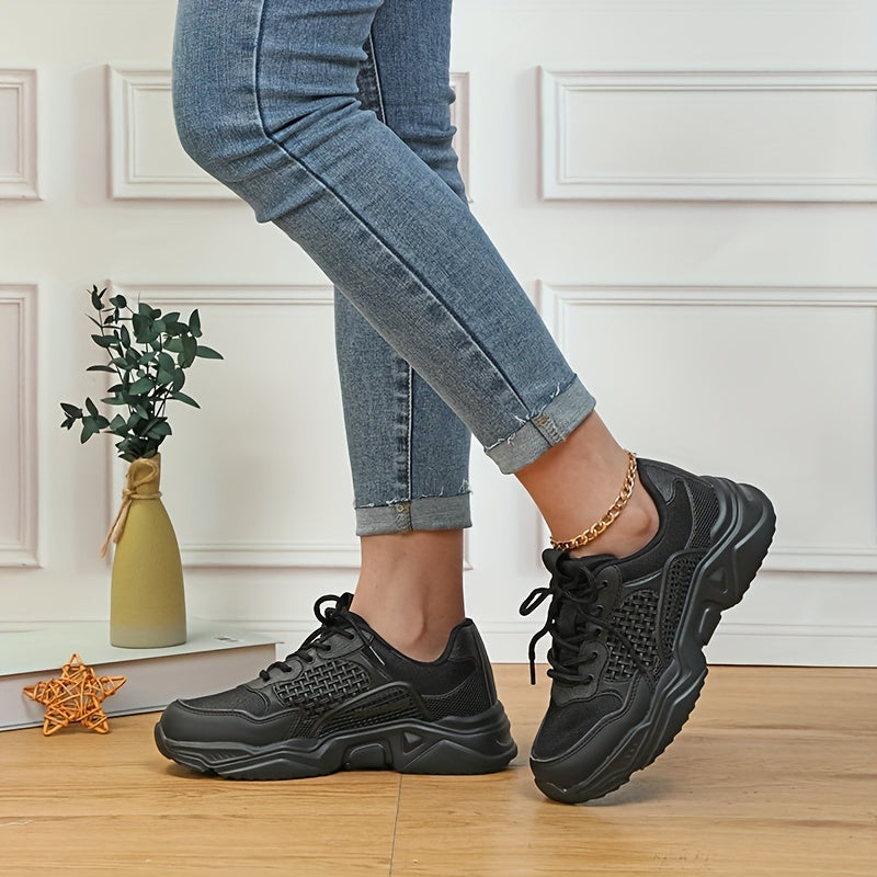 Women's Solid Mesh Lace Up Platform Sneakers Lightweight Outdoor Shoes
