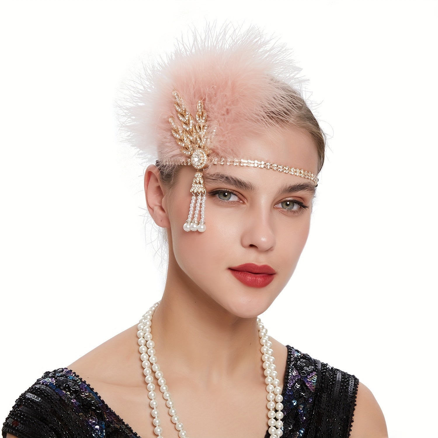 Rhinestone Flapper Headband with Feather & Pearl Tassel