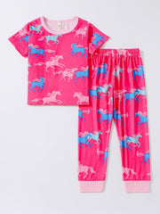Unicorn Print Kid's Pajamas T shirt & Pants Set, Comfy PJ Set Girl's Lounge