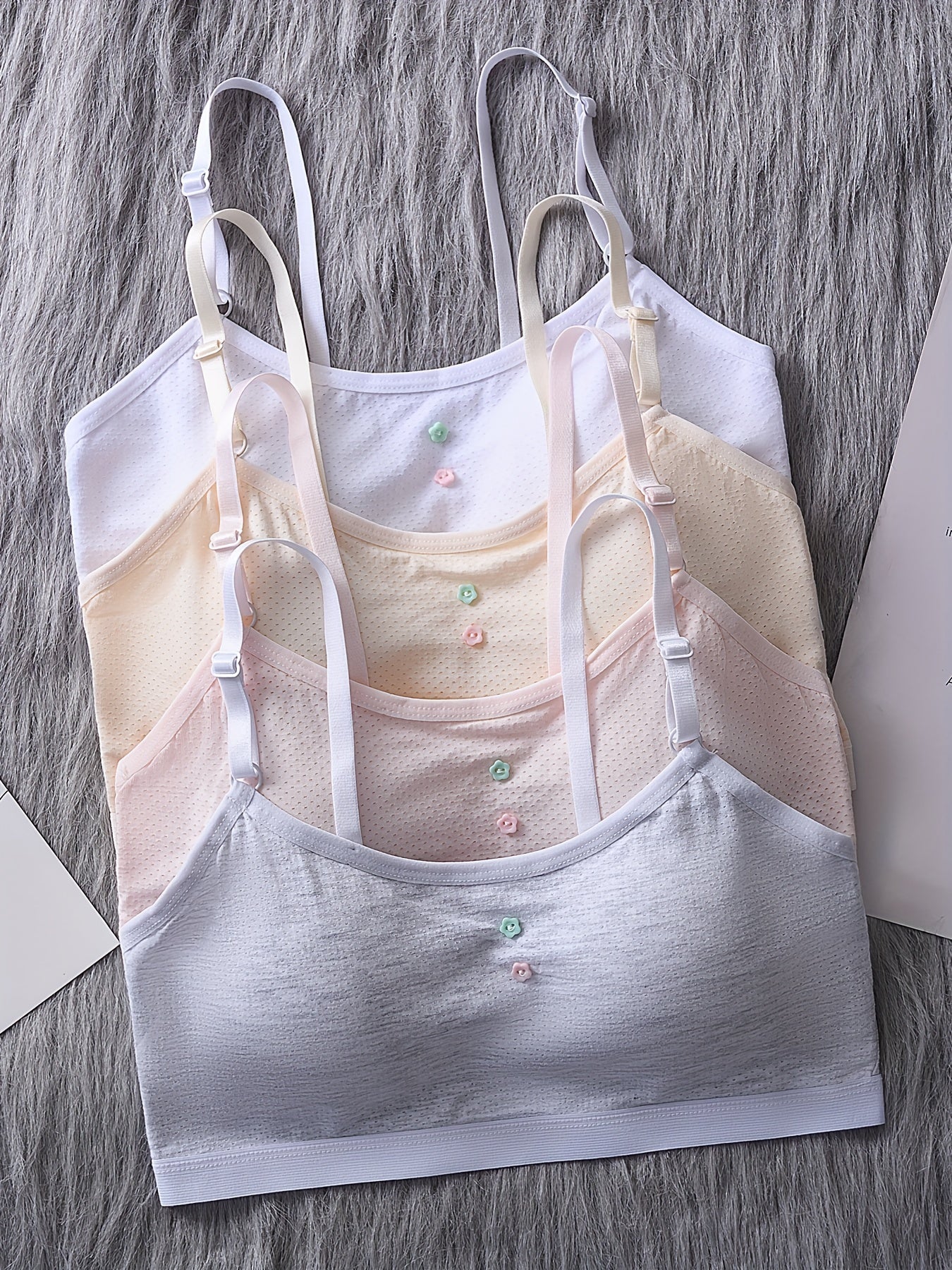 4pcs Girl's Flower Button Bra Underwear No Steel Ring Soft Bralette 9-15 Years