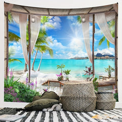 Seaside Window Scenery Tapestry Beach View Home Decor Dorm Room