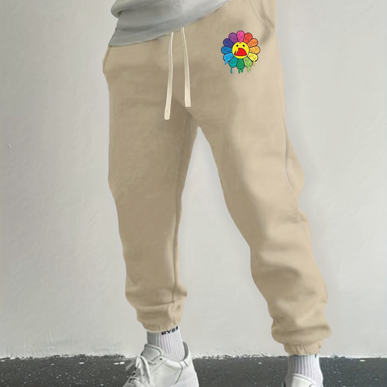 Flower Print Drawstring Sweatpants Loose Fit Casual Joggers for Spring Autumn