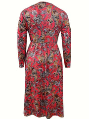 Boho Dress Women's Plus Paisley Print Long Sleeve V Neck