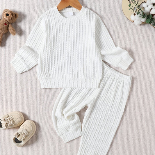 Toddler Girl's Knitted Jacquard 2pcs Outfit Set Solid Casual Clothes