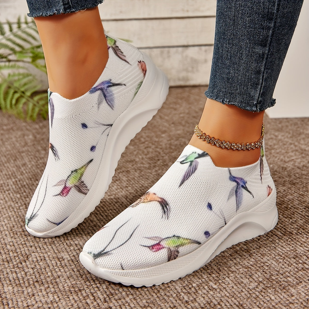 Women's Bird Pattern Slip on Sneakers Mesh Knit Walking Shoes