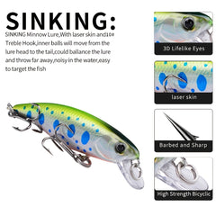 PROBEROS Sinking Minnow Lure 0.16oz 3D Eyes Fishing Tackle