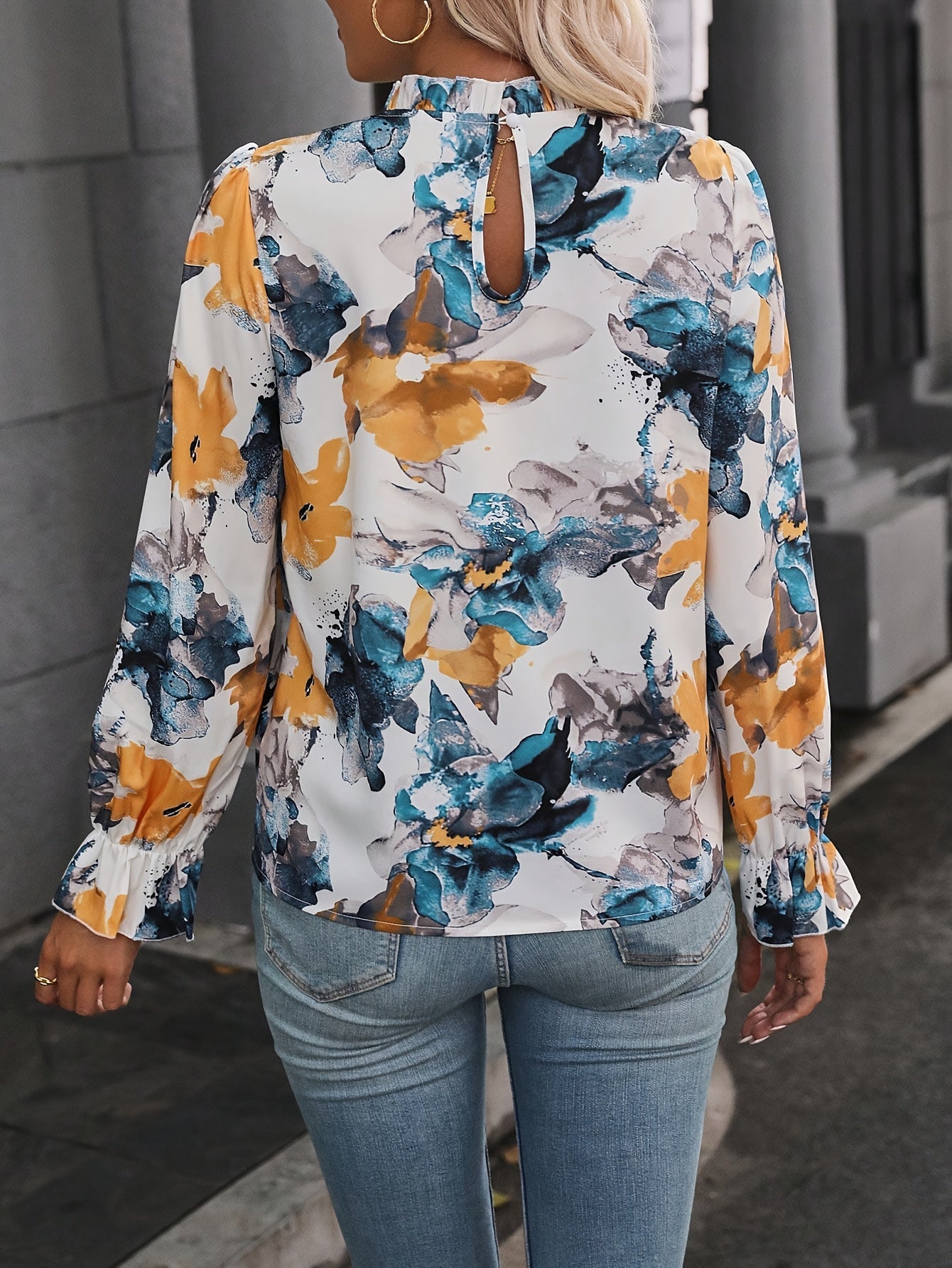 Floral Print Ruffle Trim Plus Size Blouse