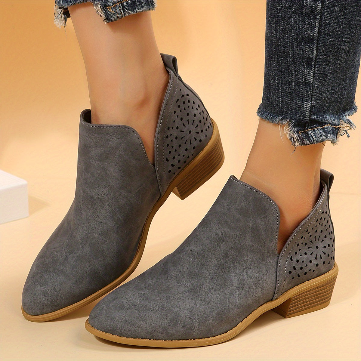 Women's Back Hollow Out Point Toe Chunky Heel Short Boots Slip On Ankle Boots