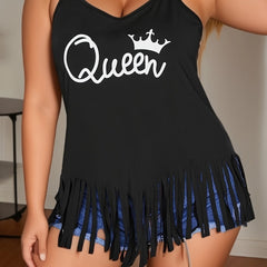 Crown Letter Print Cami Top with Tassel Trim