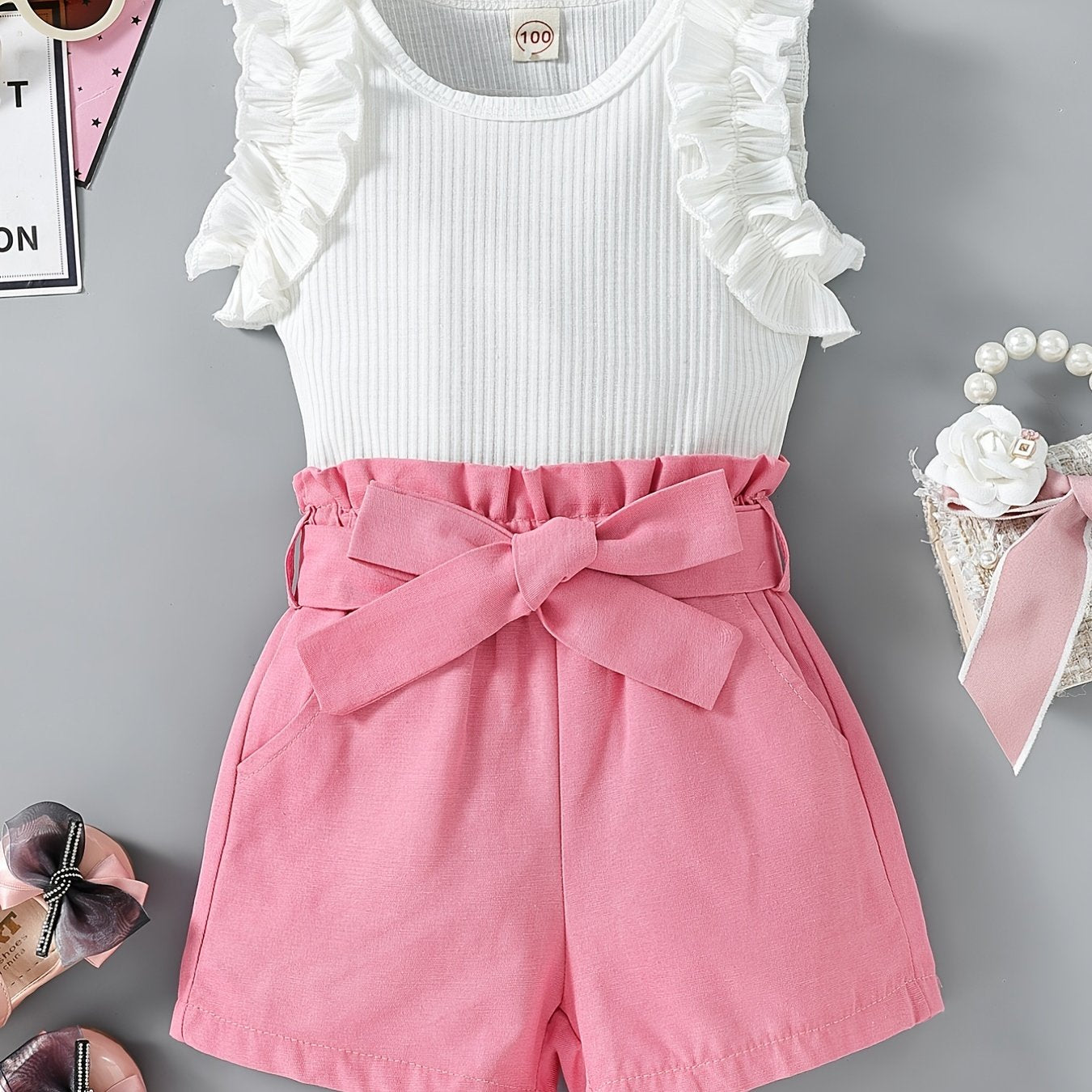 2pcs Toddler Girls Ruffle Top & Belted Shorts Set Kids Summer Clothes