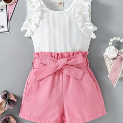 2pcs Toddler Girls Ruffle Top & Belted Shorts Set Kids Summer Clothes