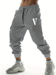 Retro Style V Letter Print Casual Cargo Pants